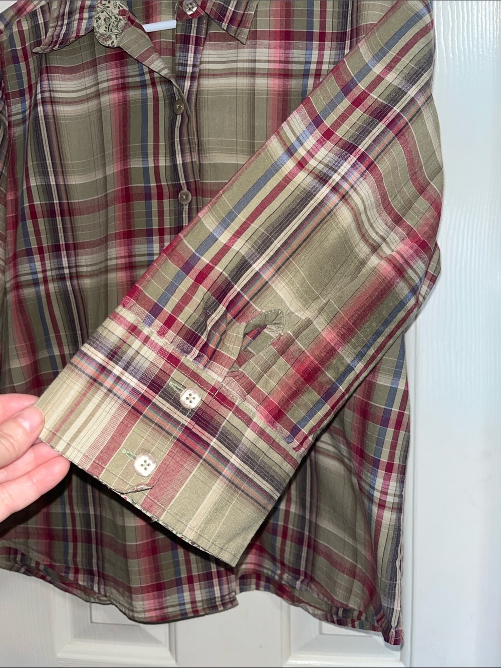Christopher & Banks Plaid Cotton Blouse L Floral Trim 3/4 Sleeve Boxy - Picture 3 of 9